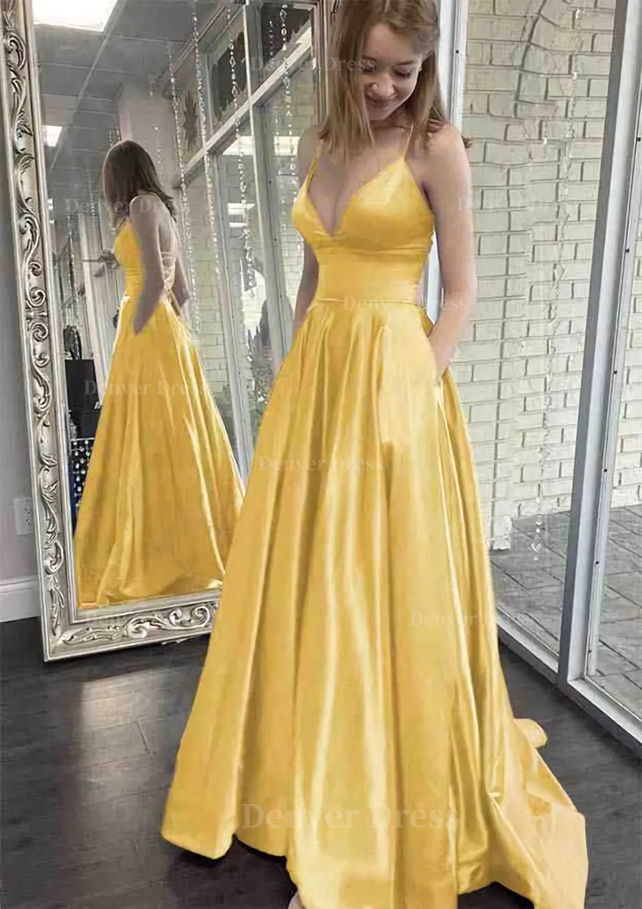 kamahe A-line V Neck Spaghetti Straps Sweep Train Charmeuse Prom Dress With Pockets