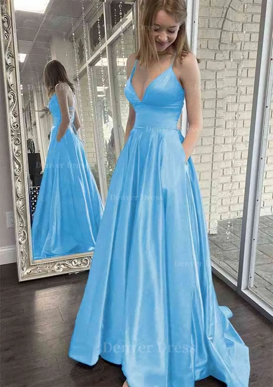 kamahe A-line V Neck Spaghetti Straps Sweep Train Charmeuse Prom Dress With Pockets