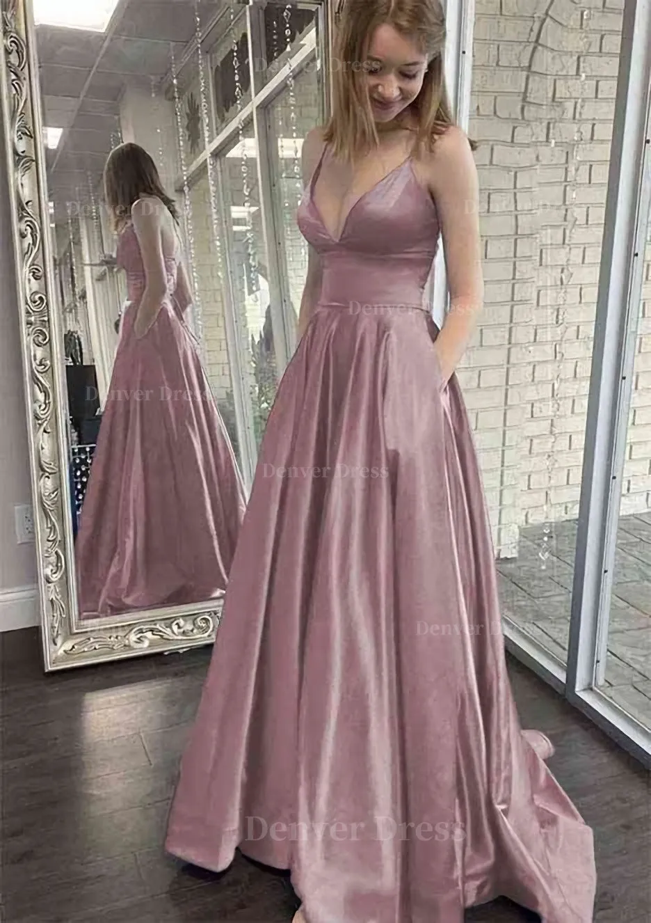 kamahe A-line V Neck Spaghetti Straps Sweep Train Charmeuse Prom Dress With Pockets