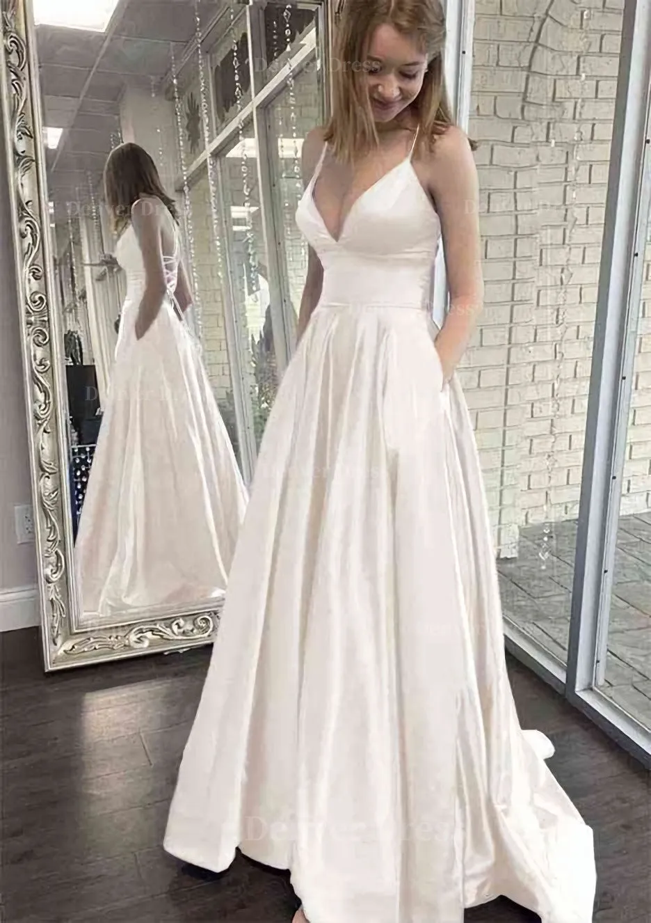 kamahe A-line V Neck Spaghetti Straps Sweep Train Charmeuse Prom Dress With Pockets