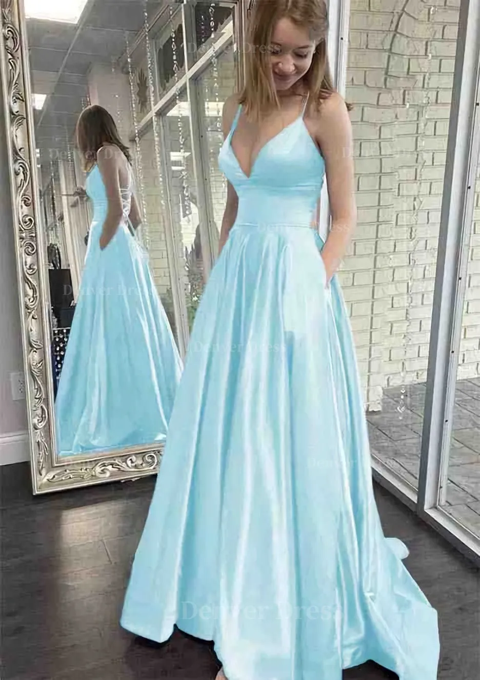 kamahe A-line V Neck Spaghetti Straps Sweep Train Charmeuse Prom Dress With Pockets