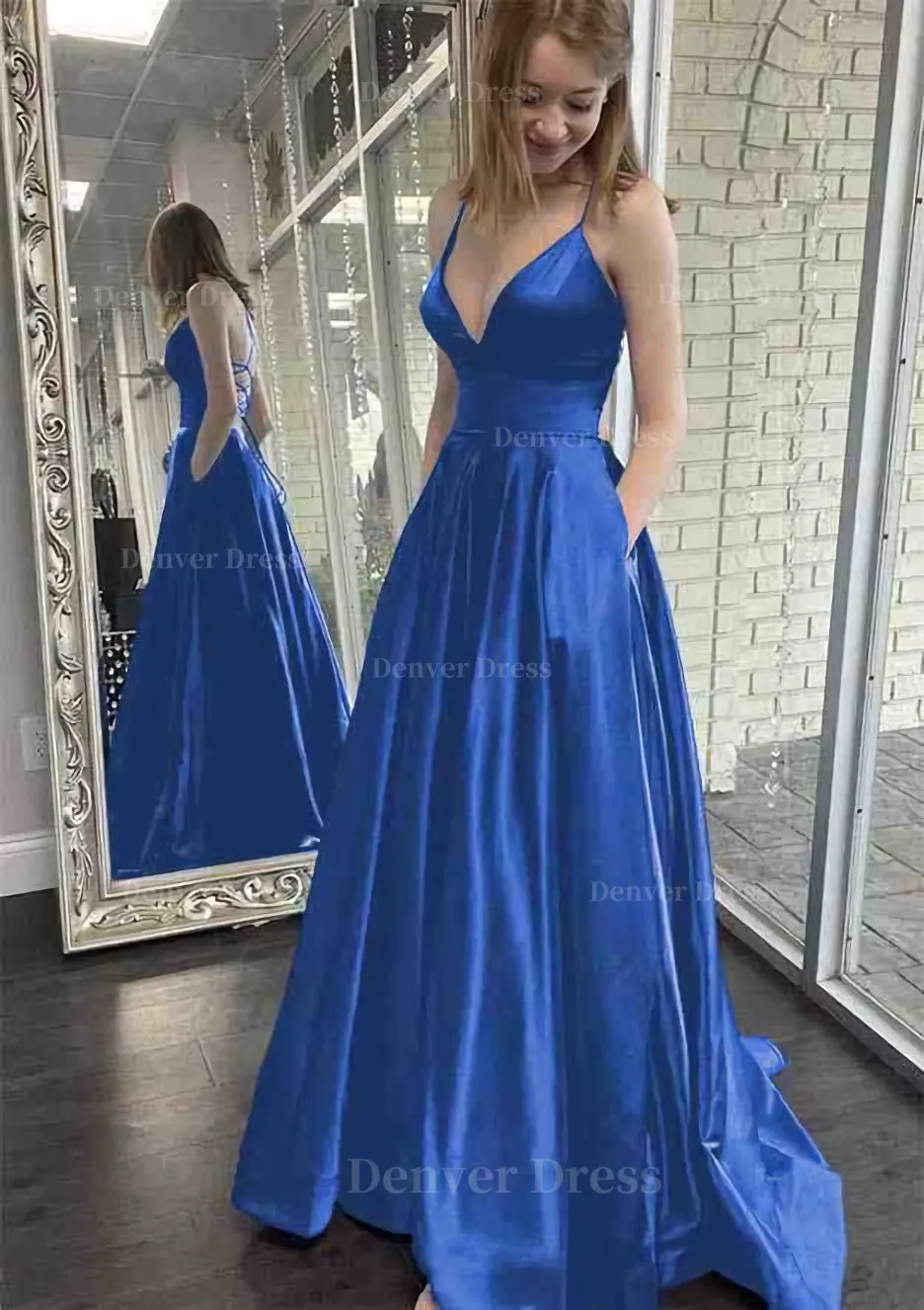 kamahe A-line V Neck Spaghetti Straps Sweep Train Charmeuse Prom Dress With Pockets