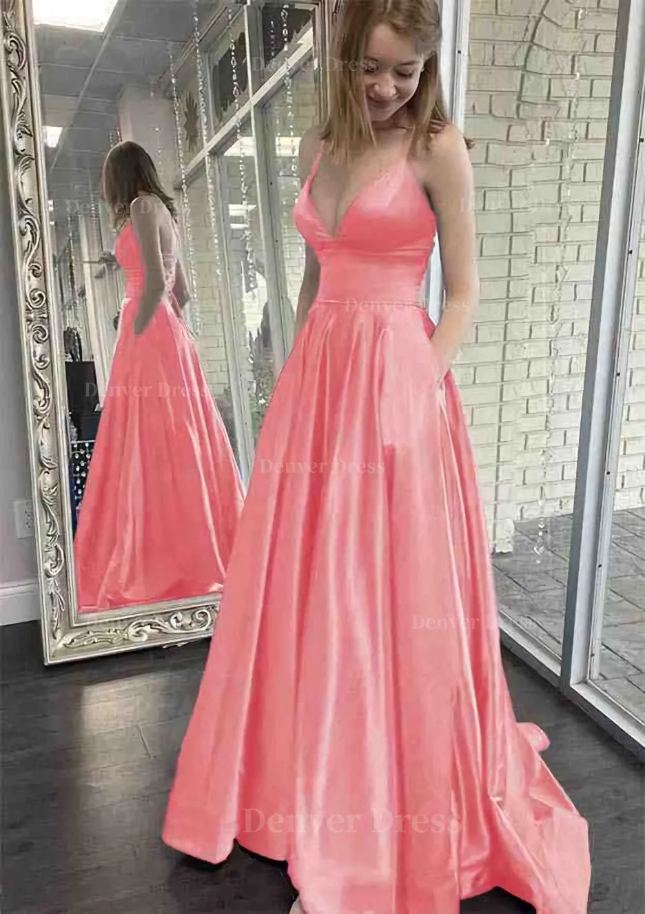 kamahe A-line V Neck Spaghetti Straps Sweep Train Charmeuse Prom Dress With Pockets