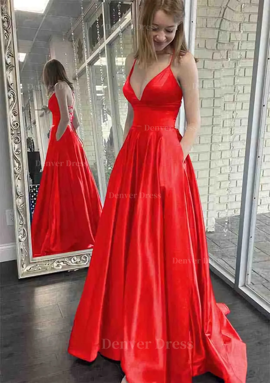 kamahe A-line V Neck Spaghetti Straps Sweep Train Charmeuse Prom Dress With Pockets