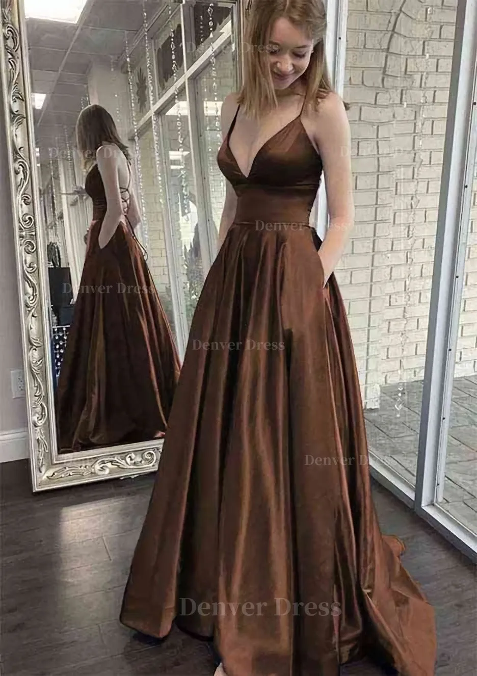 kamahe A-line V Neck Spaghetti Straps Sweep Train Charmeuse Prom Dress With Pockets