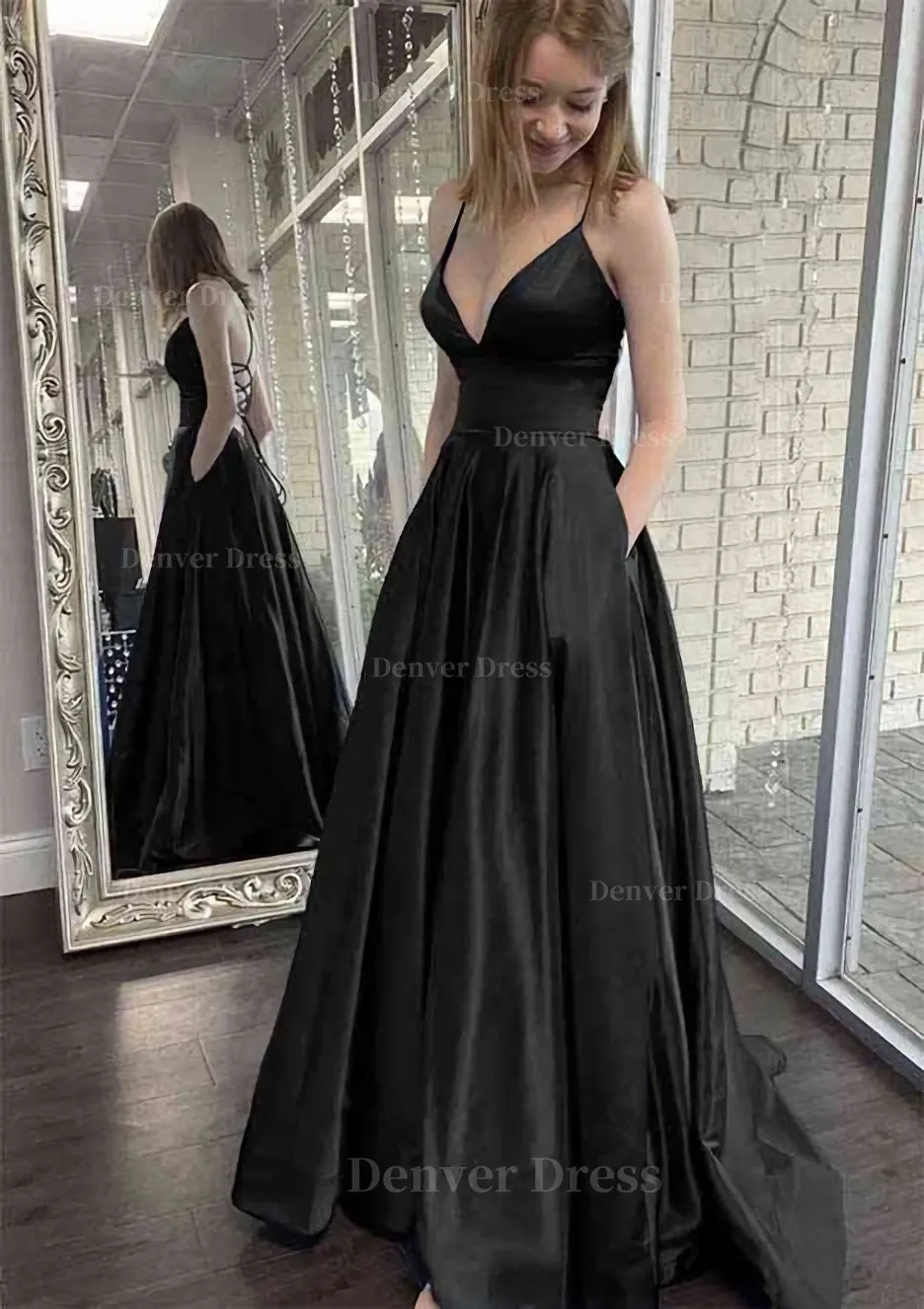 kamahe A-line V Neck Spaghetti Straps Sweep Train Charmeuse Prom Dress With Pockets