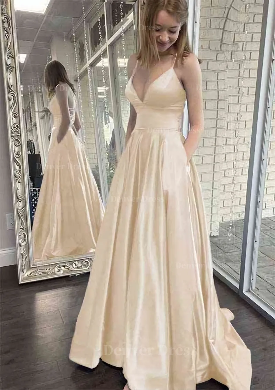 kamahe A-line V Neck Spaghetti Straps Sweep Train Charmeuse Prom Dress With Pockets