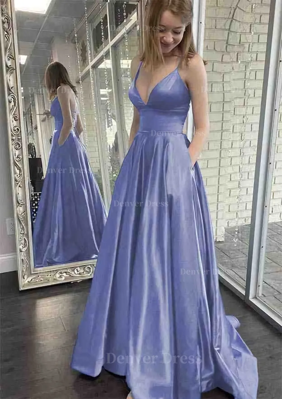 kamahe A-line V Neck Spaghetti Straps Sweep Train Charmeuse Prom Dress With Pockets