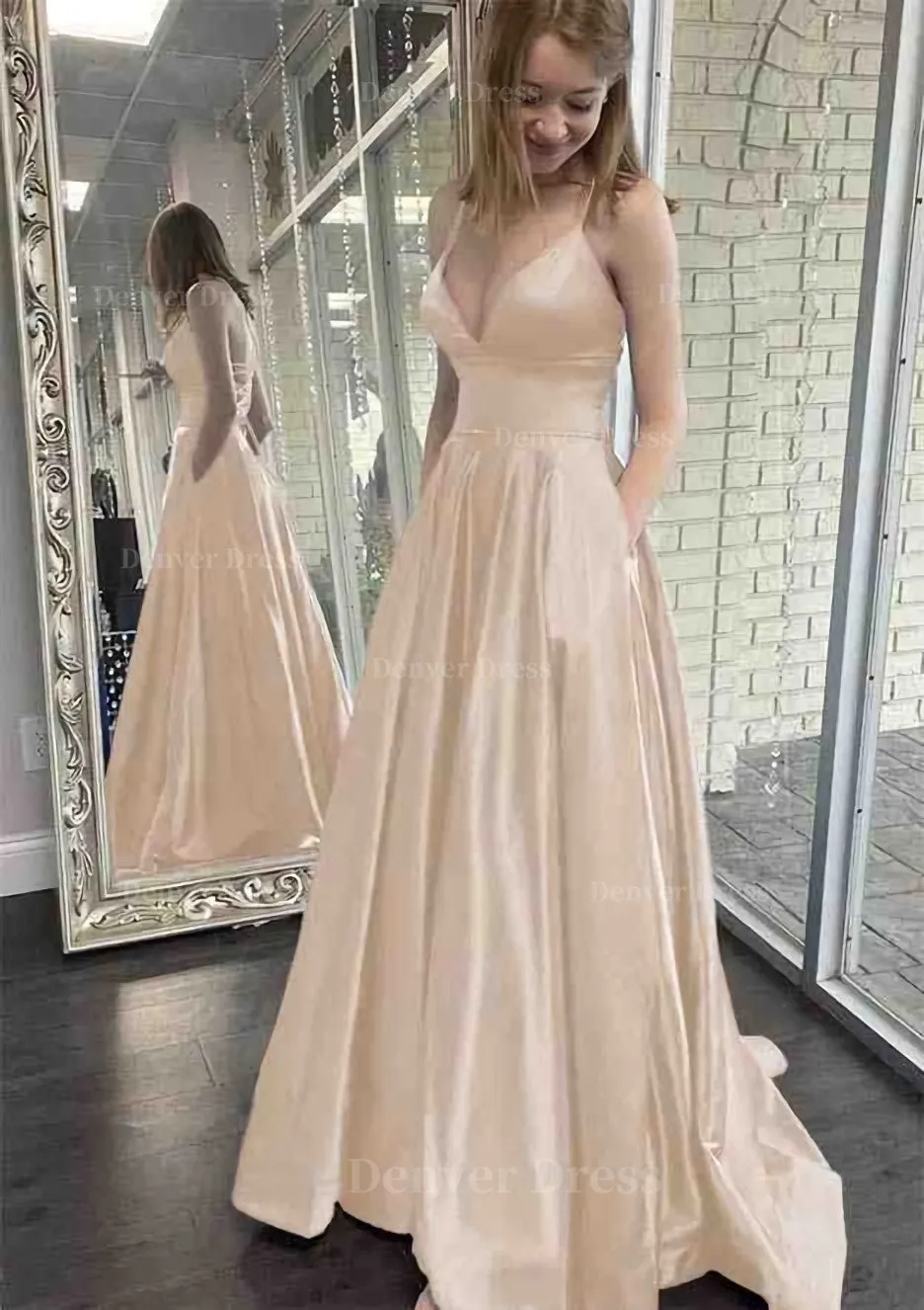 kamahe A-line V Neck Spaghetti Straps Sweep Train Charmeuse Prom Dress With Pockets