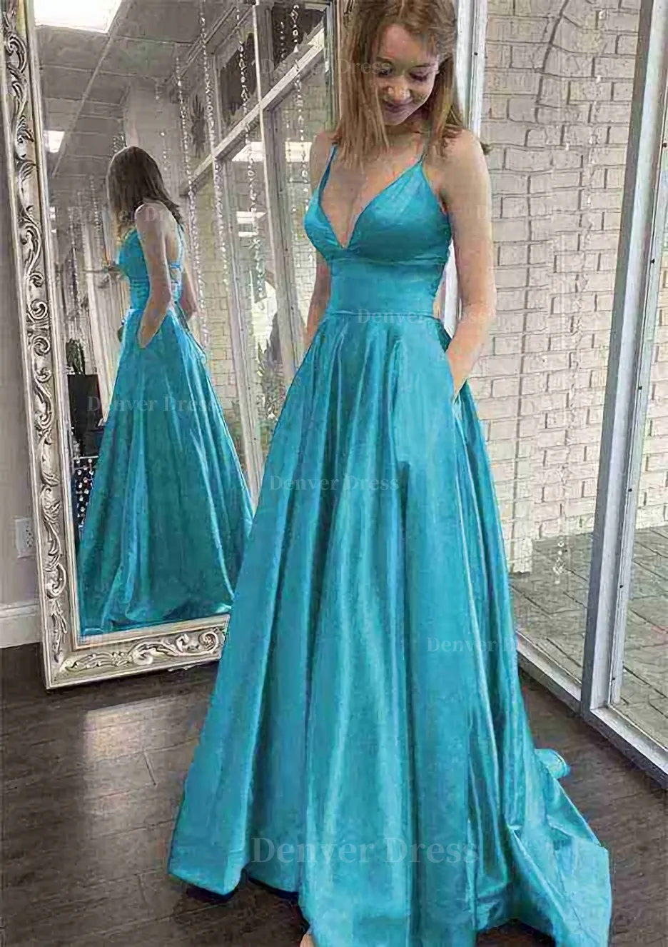 kamahe A-line V Neck Spaghetti Straps Sweep Train Charmeuse Prom Dress With Pockets