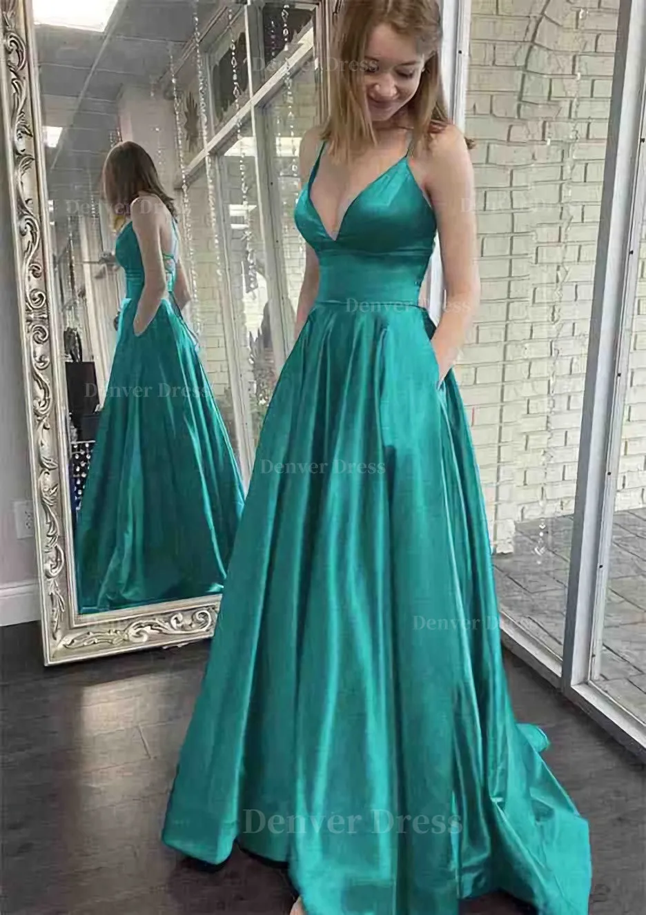 kamahe A-line V Neck Spaghetti Straps Sweep Train Charmeuse Prom Dress With Pockets