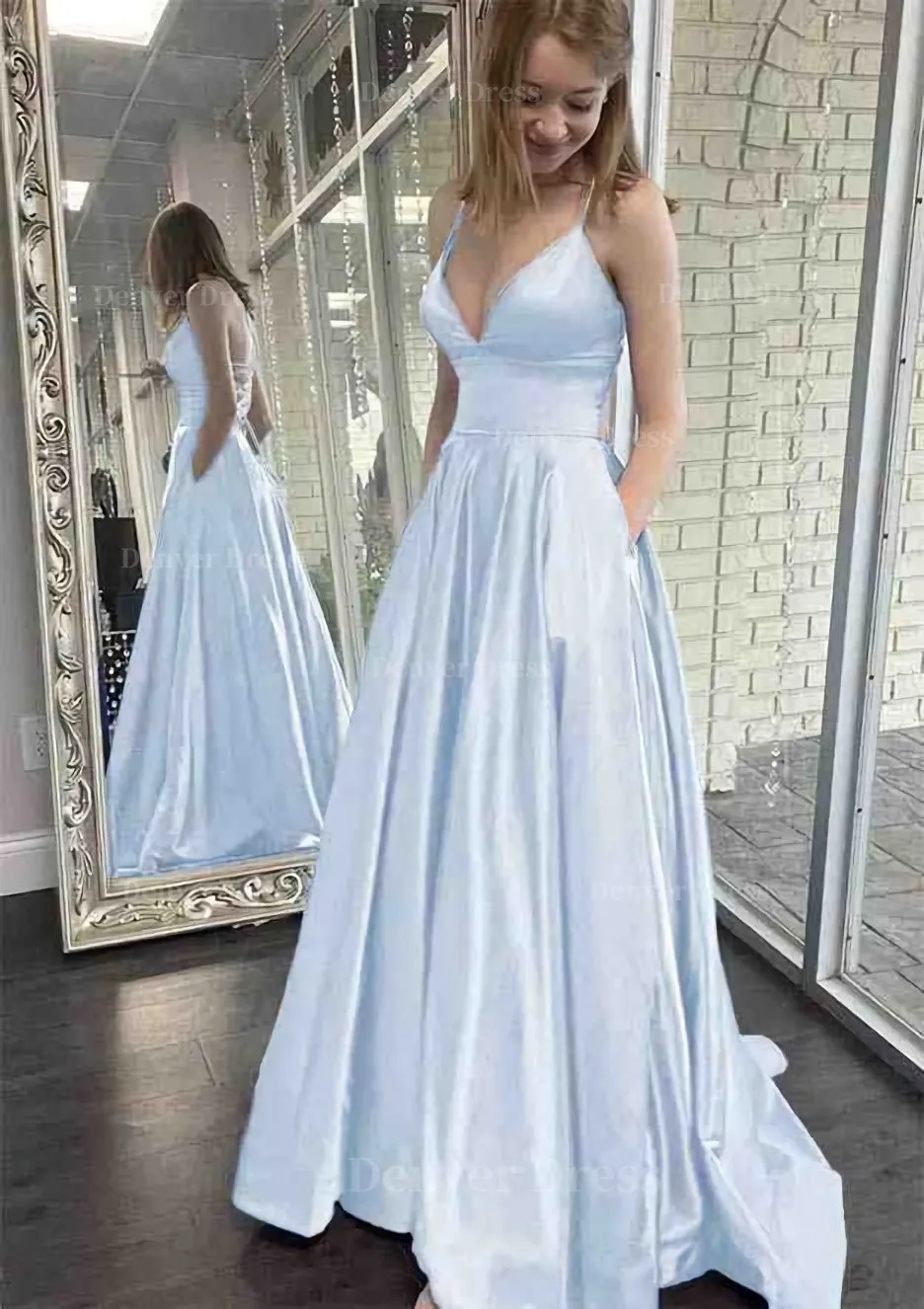 kamahe A-line V Neck Spaghetti Straps Sweep Train Charmeuse Prom Dress With Pockets