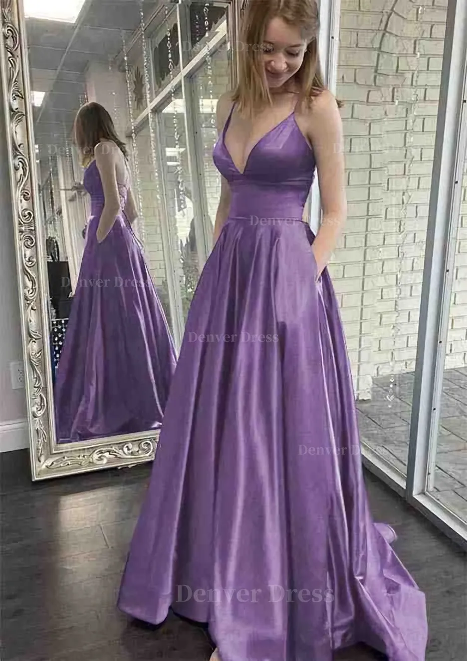 kamahe A-line V Neck Spaghetti Straps Sweep Train Charmeuse Prom Dress With Pockets