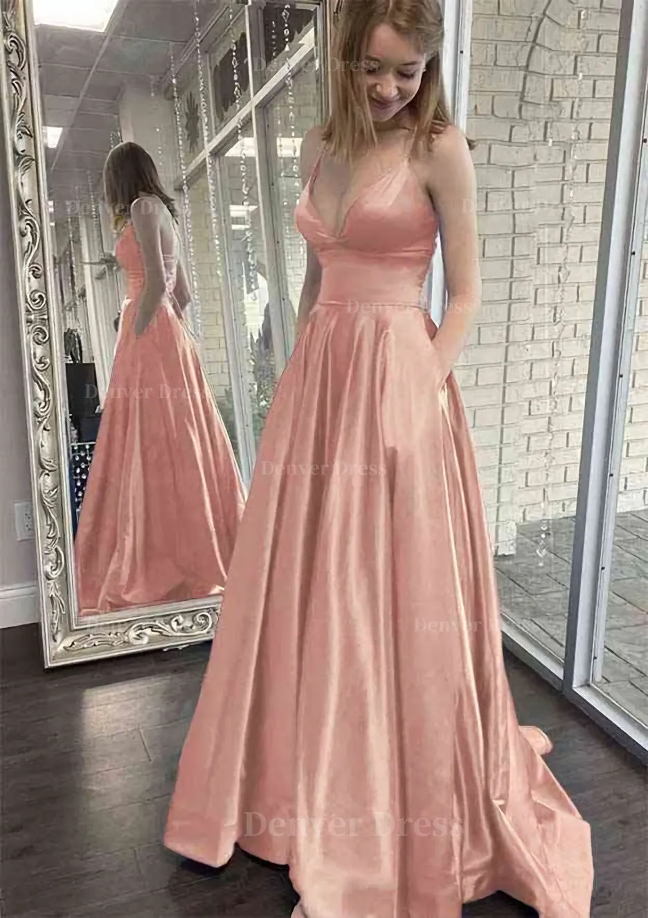 kamahe A-line V Neck Spaghetti Straps Sweep Train Charmeuse Prom Dress With Pockets