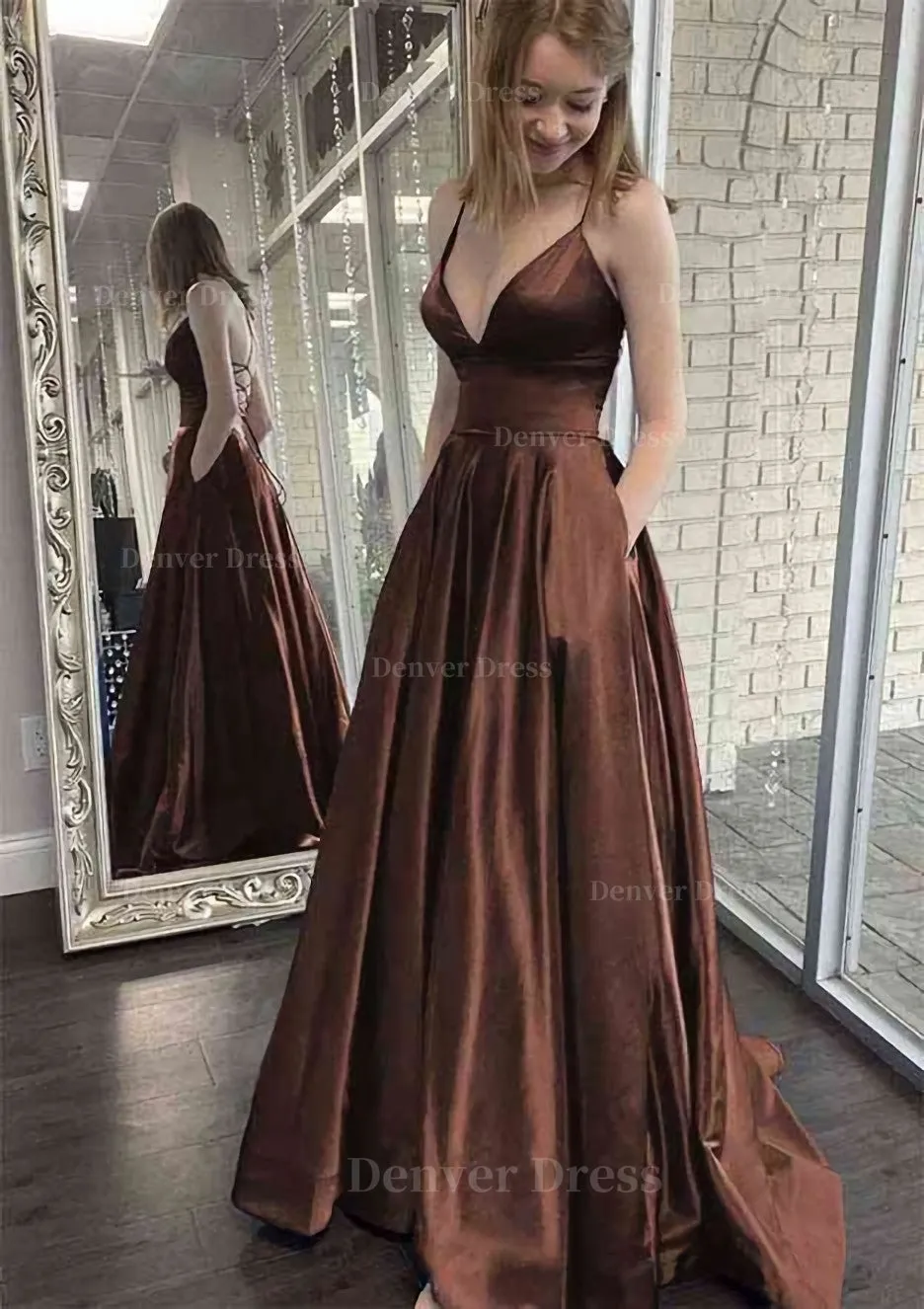 kamahe A-line V Neck Spaghetti Straps Sweep Train Charmeuse Prom Dress With Pockets