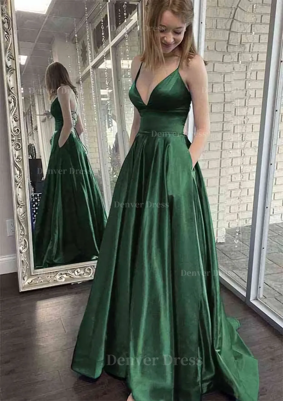 kamahe A-line V Neck Spaghetti Straps Sweep Train Charmeuse Prom Dress With Pockets
