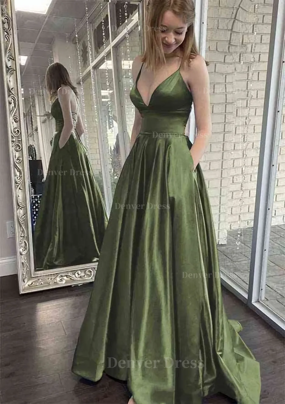 kamahe A-line V Neck Spaghetti Straps Sweep Train Charmeuse Prom Dress With Pockets