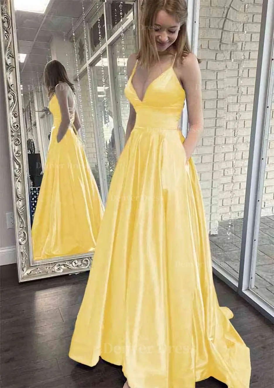 kamahe A-line V Neck Spaghetti Straps Sweep Train Charmeuse Prom Dress With Pockets