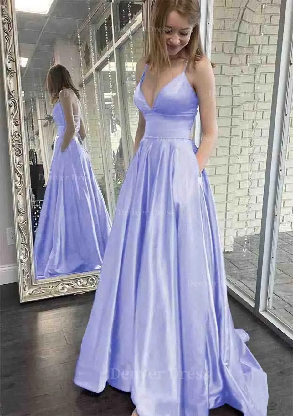 kamahe A-line V Neck Spaghetti Straps Sweep Train Charmeuse Prom Dress With Pockets