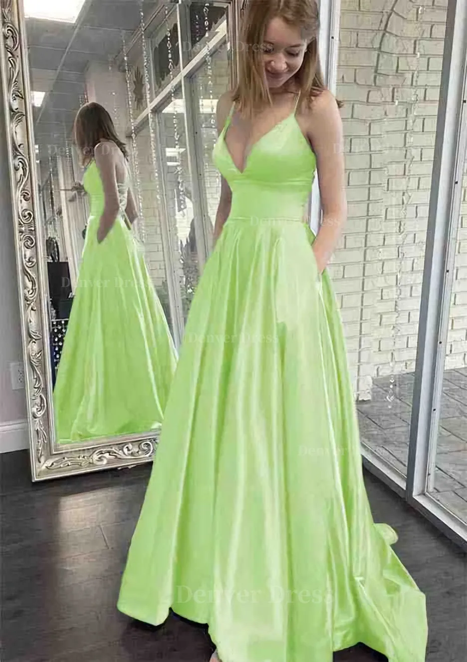 kamahe A-line V Neck Spaghetti Straps Sweep Train Charmeuse Prom Dress With Pockets