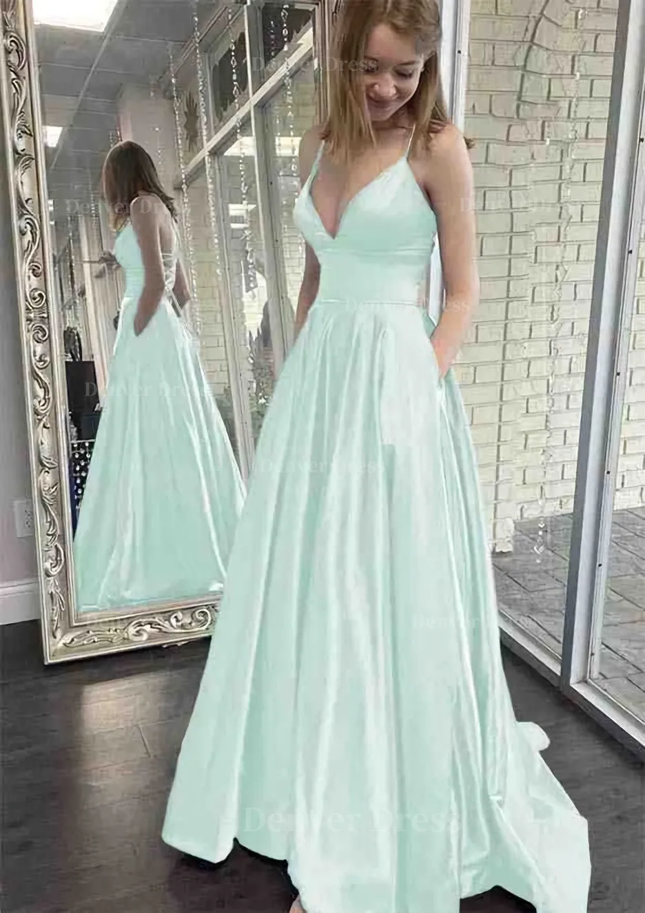 kamahe A-line V Neck Spaghetti Straps Sweep Train Charmeuse Prom Dress With Pockets