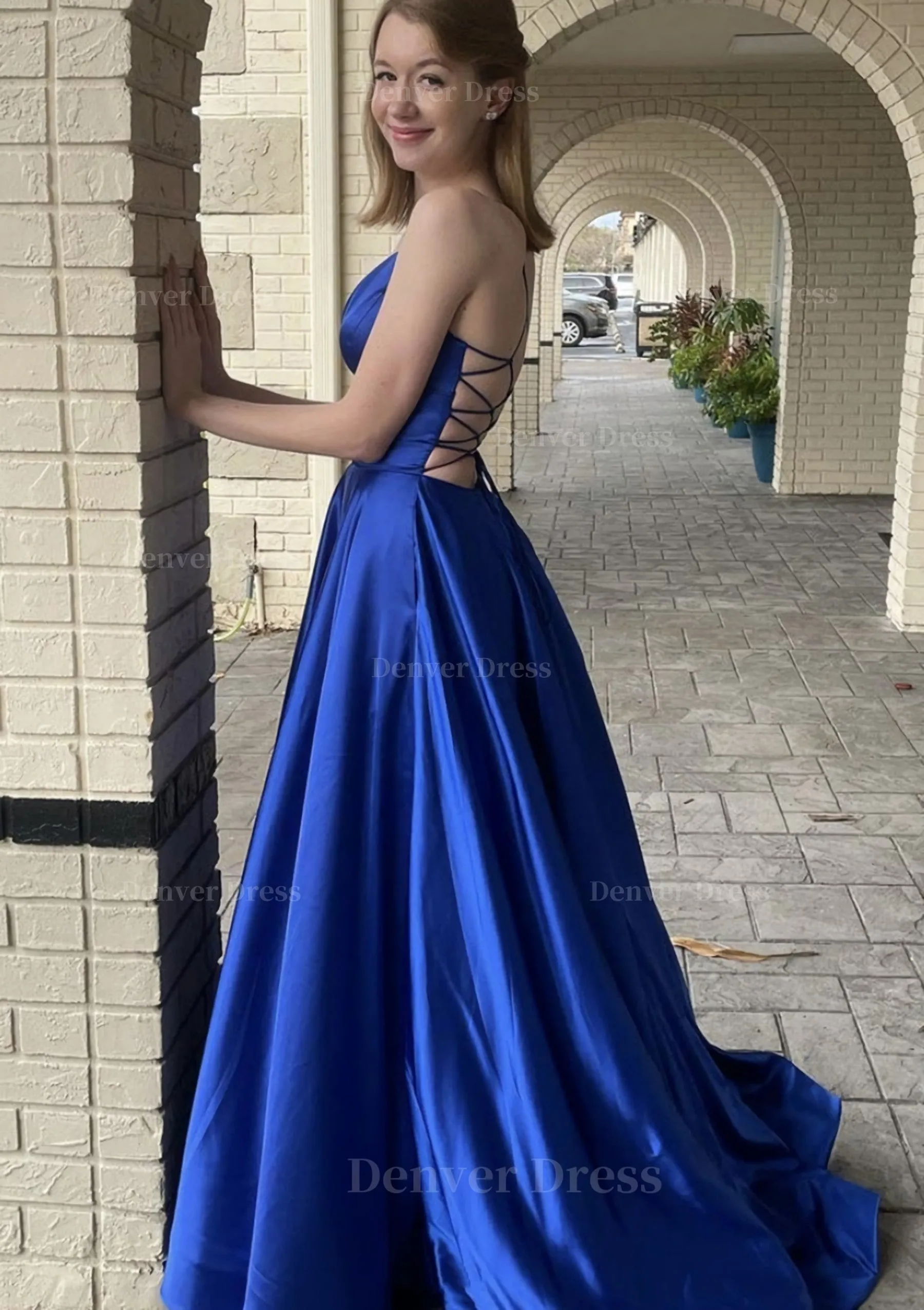 kamahe A-line V Neck Spaghetti Straps Sweep Train Charmeuse Prom Dress With Pockets