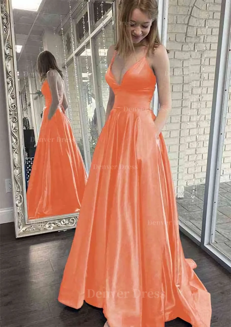 kamahe A-line V Neck Spaghetti Straps Sweep Train Charmeuse Prom Dress With Pockets