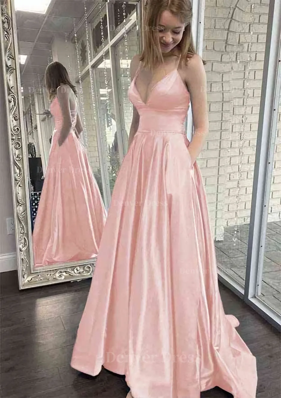 kamahe A-line V Neck Spaghetti Straps Sweep Train Charmeuse Prom Dress With Pockets
