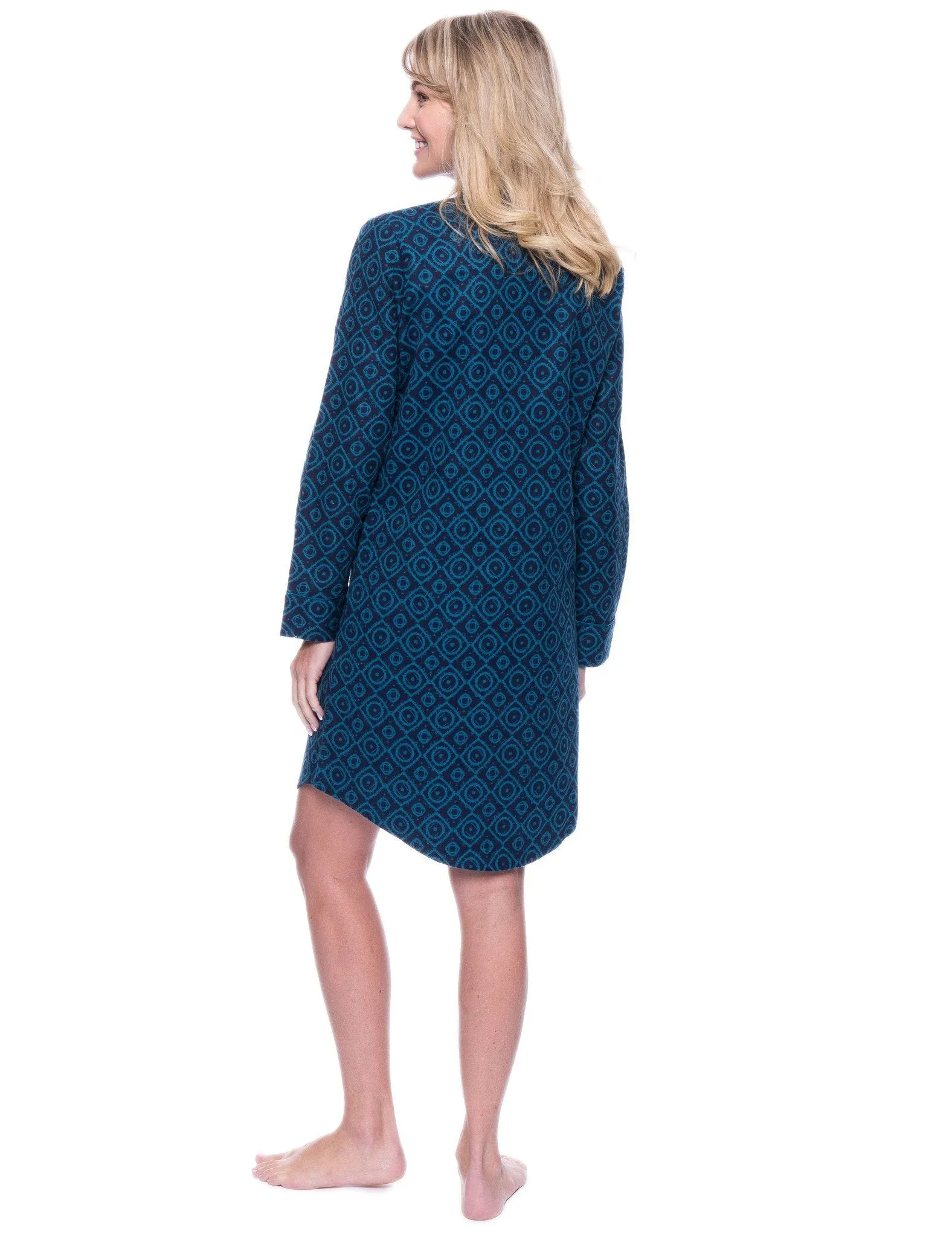 Noble Mount Womens Premium 100% Cotton Flannel Long Sleeve Sleep Shirt - Moroccan Navy/Teal