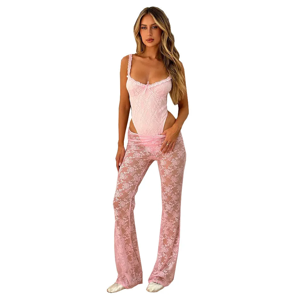 Nukty-shop dti cosplay fits 9934 Women's Summer New Sexy Slim-Fit Lace Mesh Transparent Outer Wear Skinny Trousers