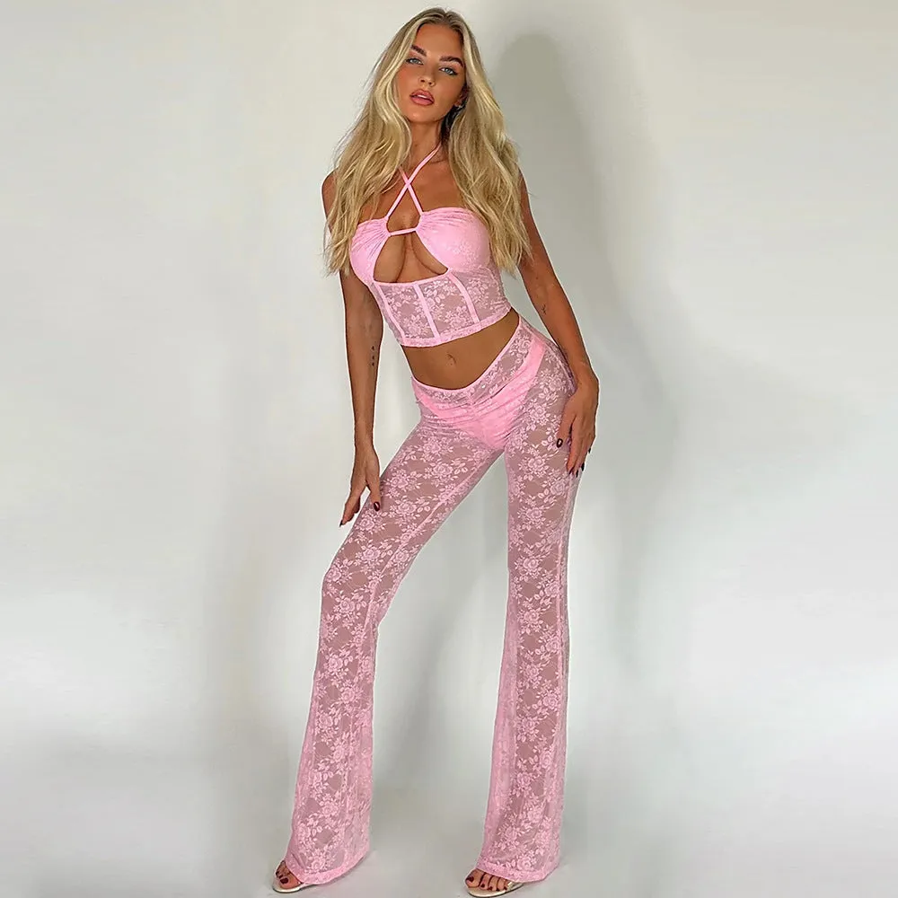 Nukty-shop dti cosplay fits 9934 Women's Summer New Sexy Slim-Fit Lace Mesh Transparent Outer Wear Skinny Trousers