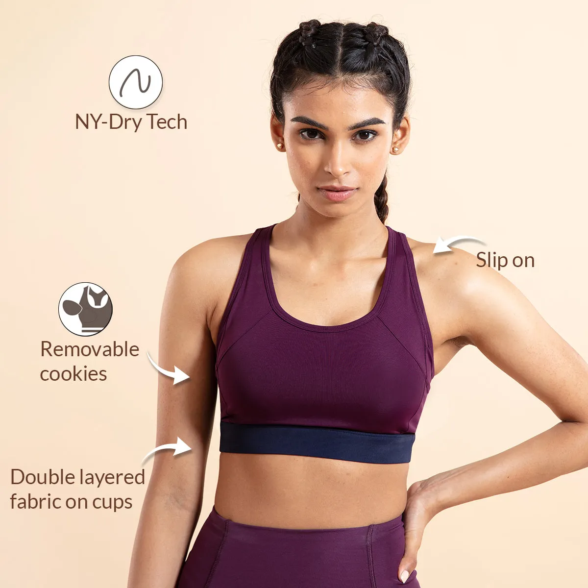 Nykd All Day On-Trend Sports Bra With Keyhole Back-NYK082-Potent Purple