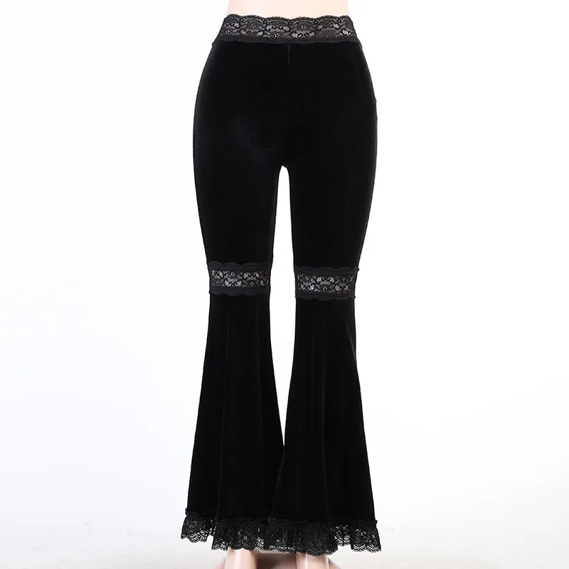 Splicing lace wide-legged velvet trousers dark hip-hop dance harem flared pants for girls