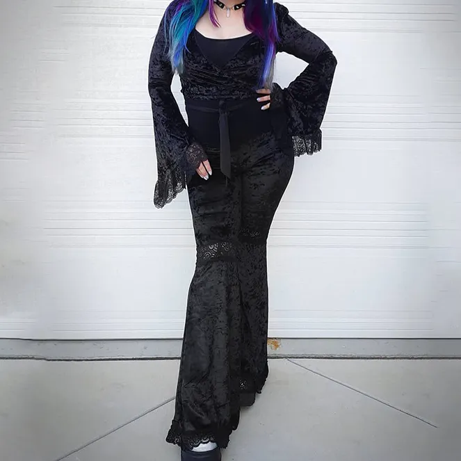 Splicing lace wide-legged velvet trousers dark hip-hop dance harem flared pants for girls