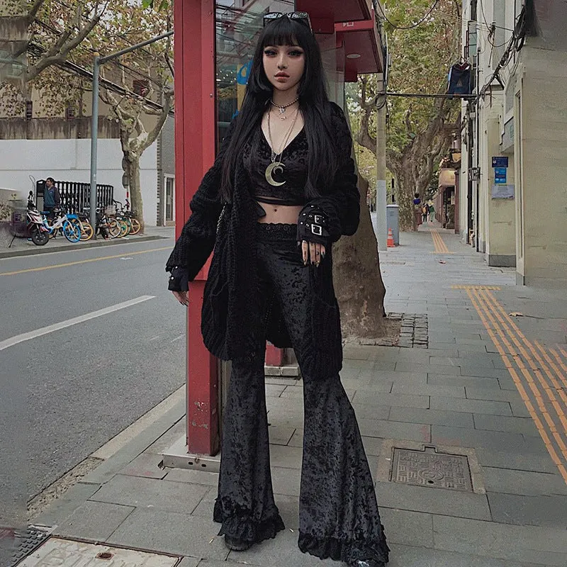 Splicing lace wide-legged velvet trousers dark hip-hop dance harem flared pants for girls