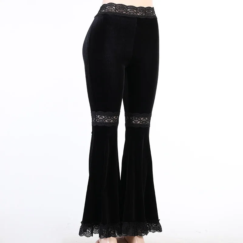 Splicing lace wide-legged velvet trousers dark hip-hop dance harem flared pants for girls