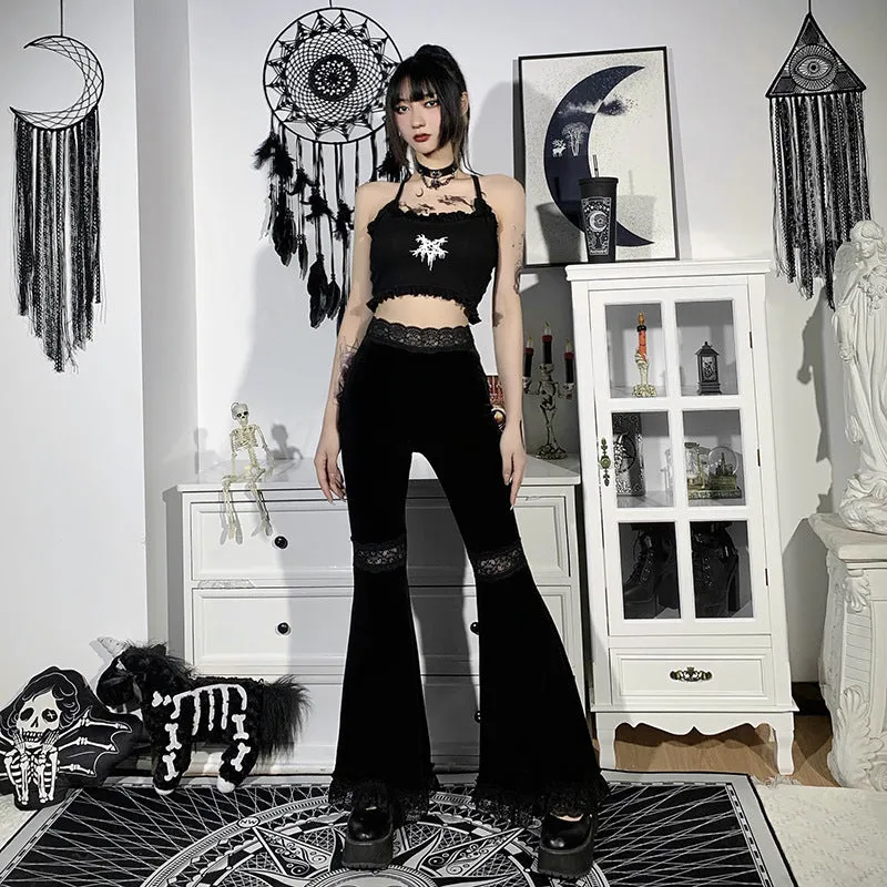 Splicing lace wide-legged velvet trousers dark hip-hop dance harem flared pants for girls