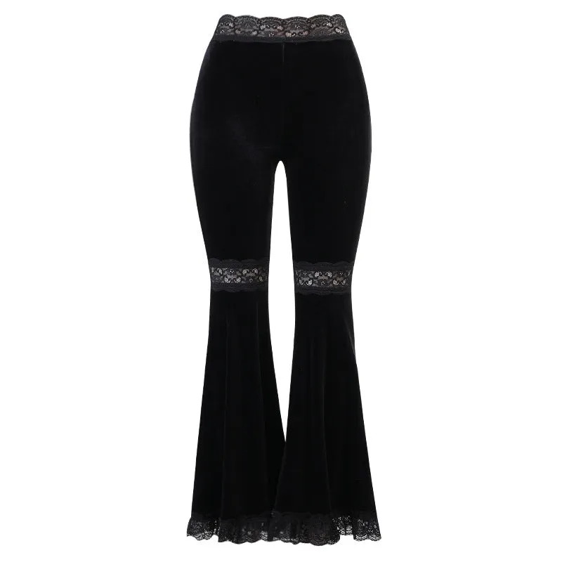 Splicing lace wide-legged velvet trousers dark hip-hop dance harem flared pants for girls