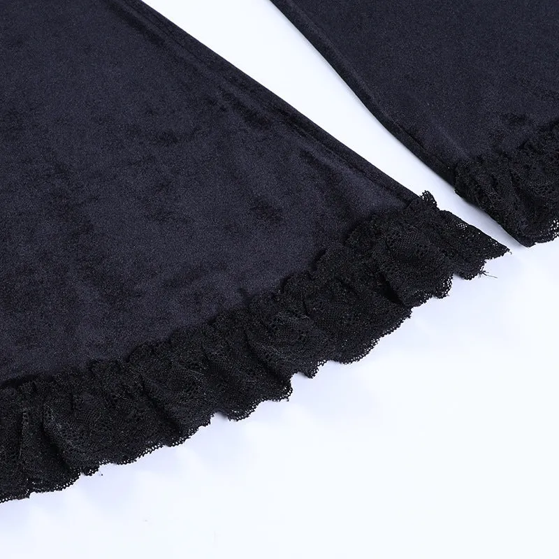 Splicing lace wide-legged velvet trousers dark hip-hop dance harem flared pants for girls