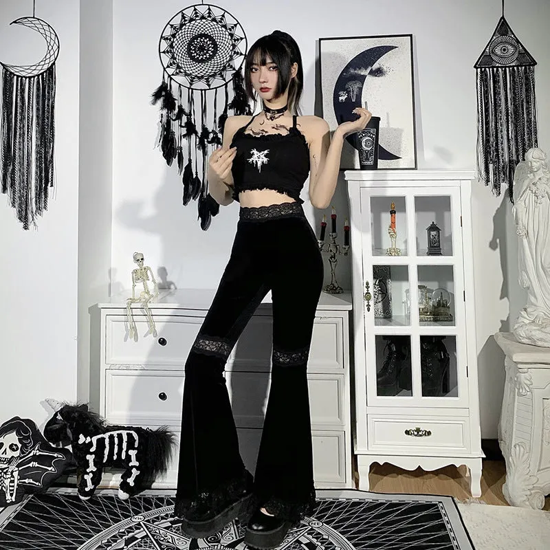Splicing lace wide-legged velvet trousers dark hip-hop dance harem flared pants for girls