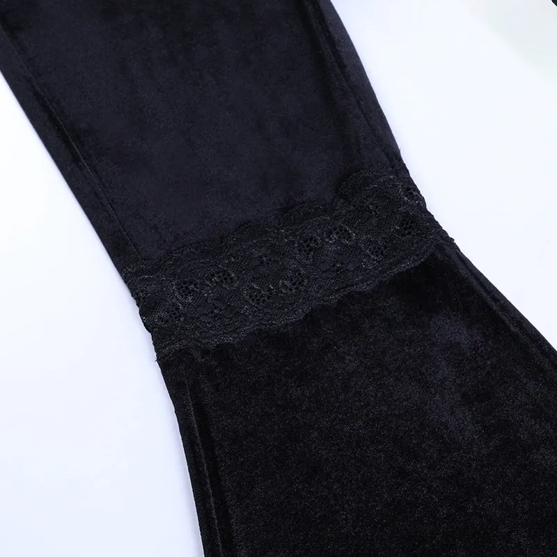 Splicing lace wide-legged velvet trousers dark hip-hop dance harem flared pants for girls