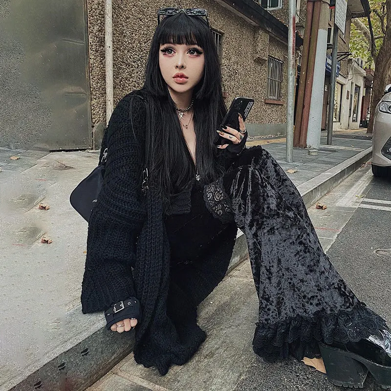Splicing lace wide-legged velvet trousers dark hip-hop dance harem flared pants for girls