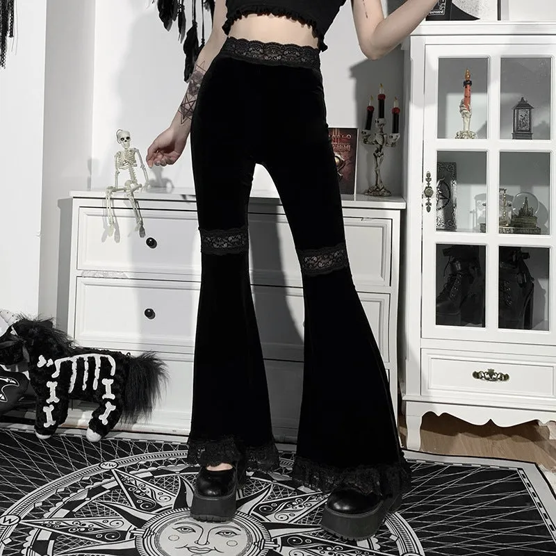 Splicing lace wide-legged velvet trousers dark hip-hop dance harem flared pants for girls