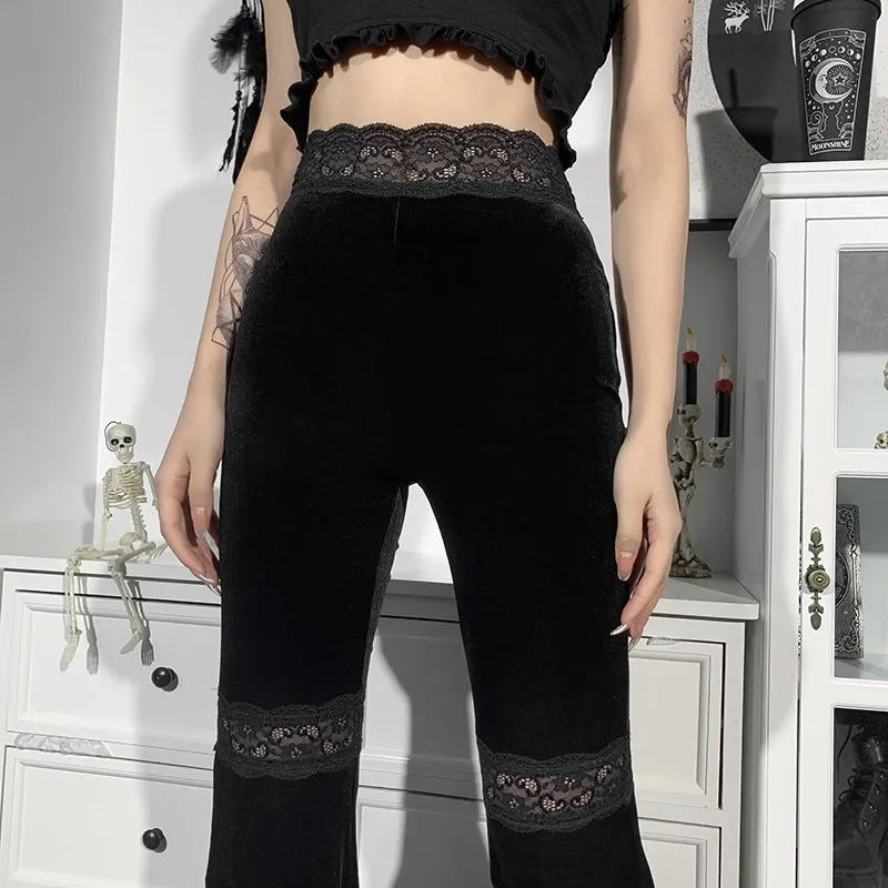 Splicing lace wide-legged velvet trousers dark hip-hop dance harem flared pants for girls