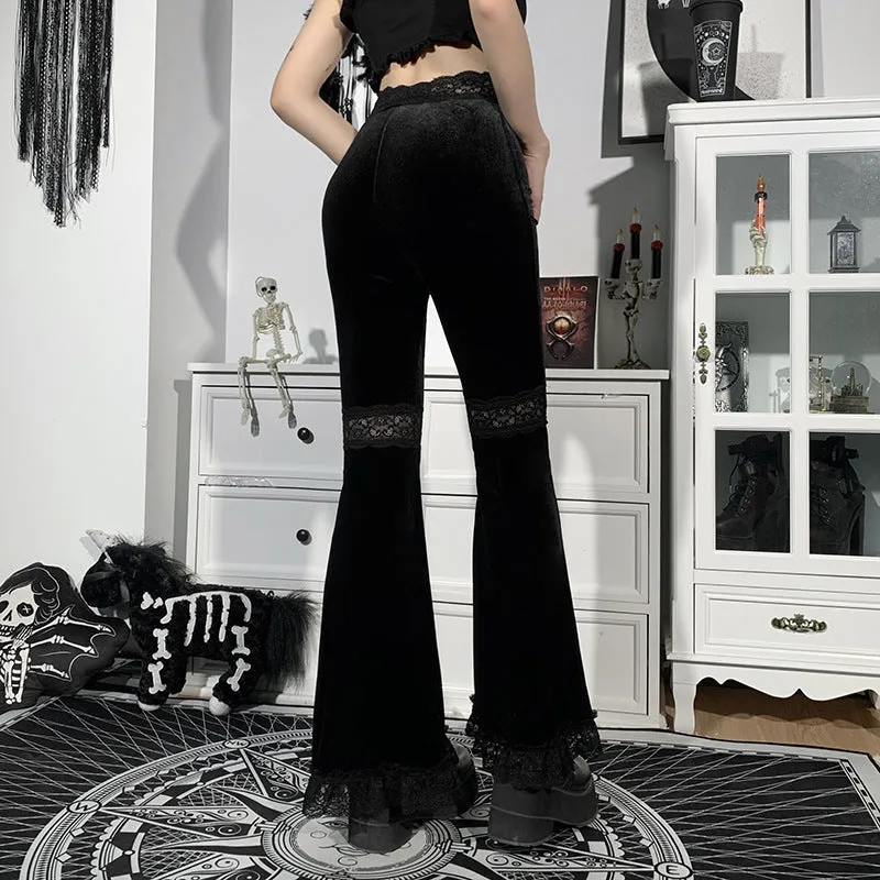 Splicing lace wide-legged velvet trousers dark hip-hop dance harem flared pants for girls