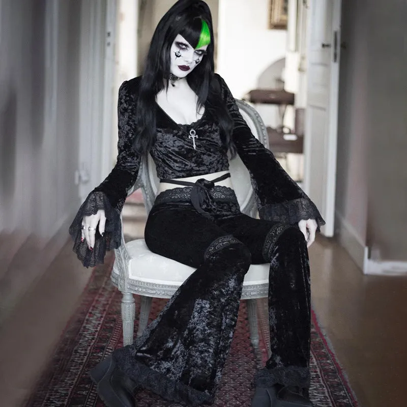 Splicing lace wide-legged velvet trousers dark hip-hop dance harem flared pants for girls