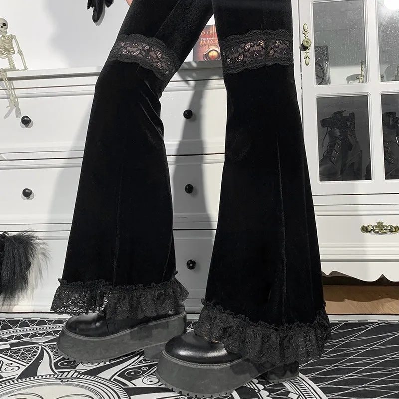 Splicing lace wide-legged velvet trousers dark hip-hop dance harem flared pants for girls