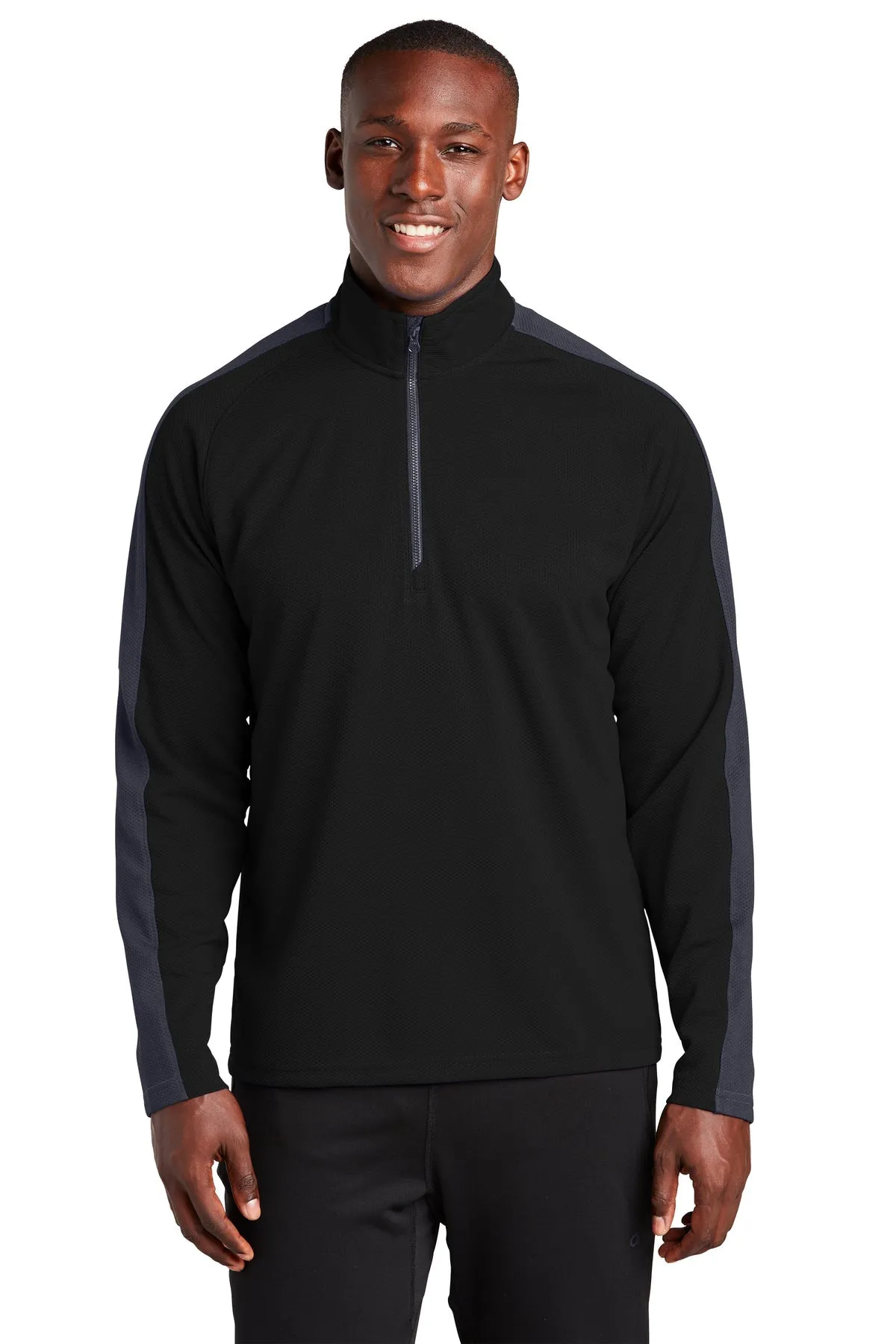 Sport-Tek Sport-Wick Textured Colorblock Custom 1/4-Zip Pullovers, Black/ Iron Grey