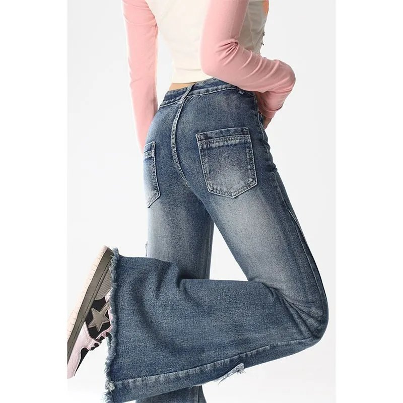 Voguable 2000s fashion American Retro Butterfly Embroidered Micro Flared Jeans for Women New Popular Design High Waist Mopping Pants
