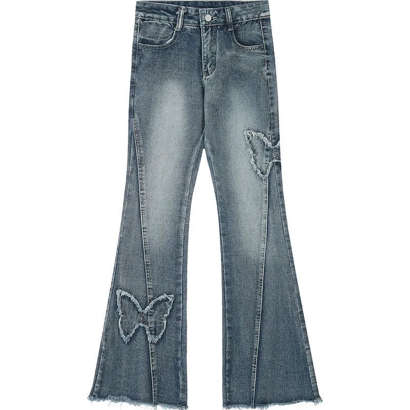 Voguable 2000s fashion American Retro Butterfly Embroidered Micro Flared Jeans for Women New Popular Design High Waist Mopping Pants